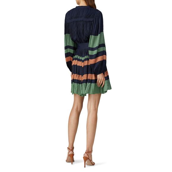 Ulla Johnson Alia Navy Blue Mini Dress Green Orange Stripe Long Sleeve Sz‎ 0 - Picture 3 of 13